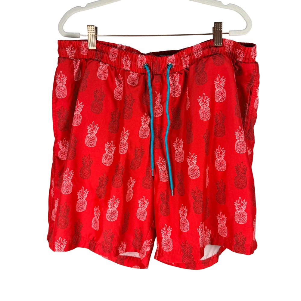 Club Room Mens‎ Pineapple Print Swim Trunks Red Blue Drawstring XL 7 Inch Inseam
